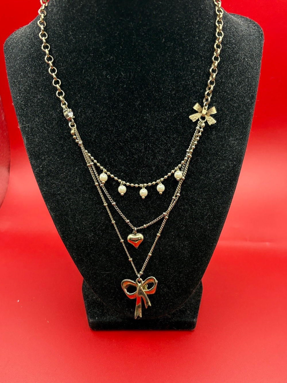 Betsey Johnson Gold-Tone Layered Bow & Pearl Pendant Necklace